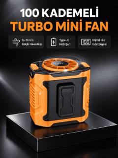 Dijital Ekranlı Turbo Mini Fan – 3 Kademeli Hız, Sessiz Çalışma ve Type-C Şarj