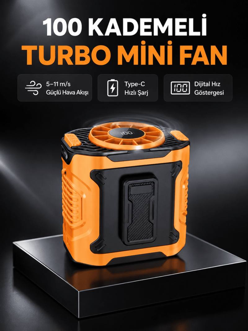 Dijital Ekranlı Turbo Mini Fan – 3 Kademeli Hız, Sessiz Çalışma ve Type-C Şarj