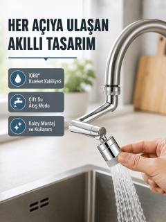 2 Modlu 1080° Dönebilen Musluk Başlığı Esnek 3 Eklemli Hareketli Tasarım