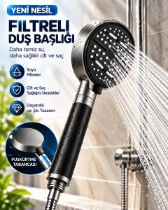 Modern Tasarımlı 6 Modlu Filtreli Duş Başlığı Büyük Panel Metalik Siyah Duş Aparatı
