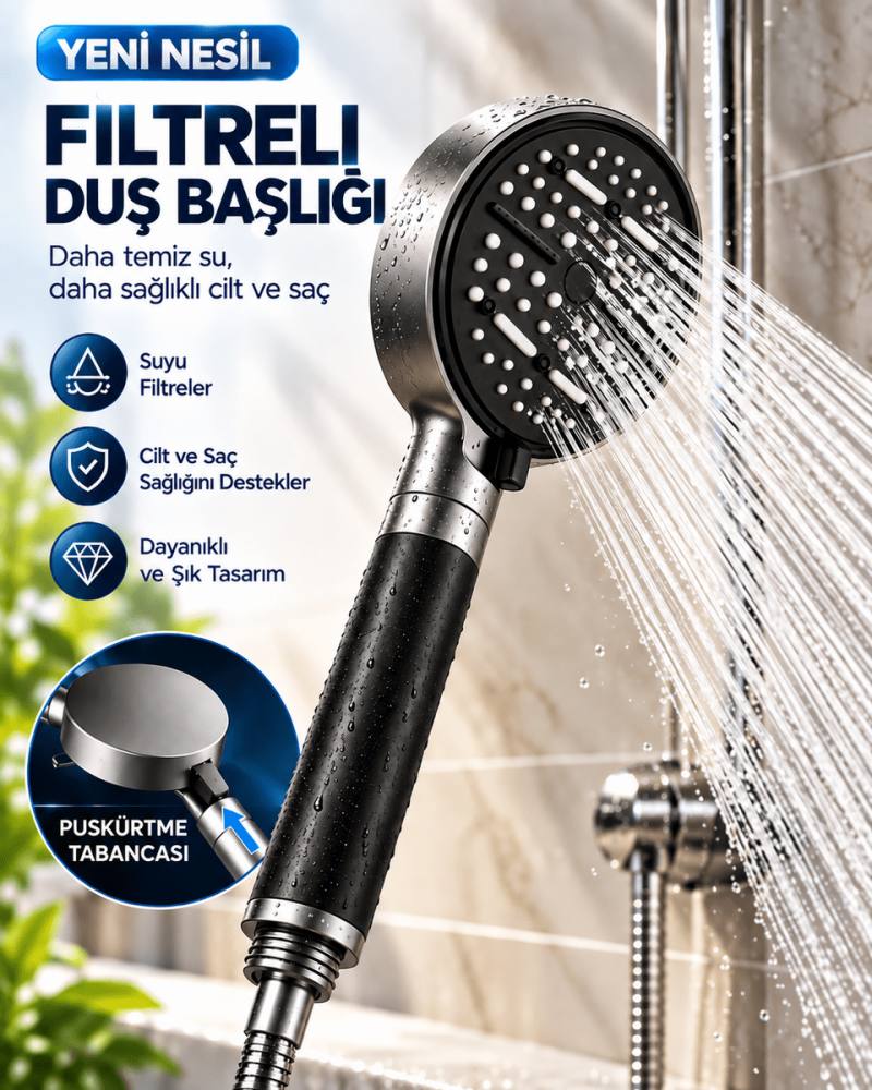 Modern Tasarımlı 6 Modlu Filtreli Duş Başlığı Büyük Panel Metalik Siyah Duş Aparatı