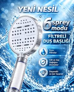 Büyük Panelli 6 Farklı Su Modlu Filtreli Duş Başlığı Beyaz Tasarım