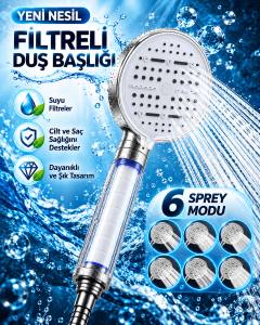 Modern Tasarımlı 6 Modlu Filtreli Duş Başlığı Büyük Panel Metalik Beyaz Duş Aparatı