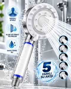 Klor ve Kireç Filtreli Duş Başlığı 5 Farklı Su Akışı Masaj Etkili Filtreli Duş Başlığı