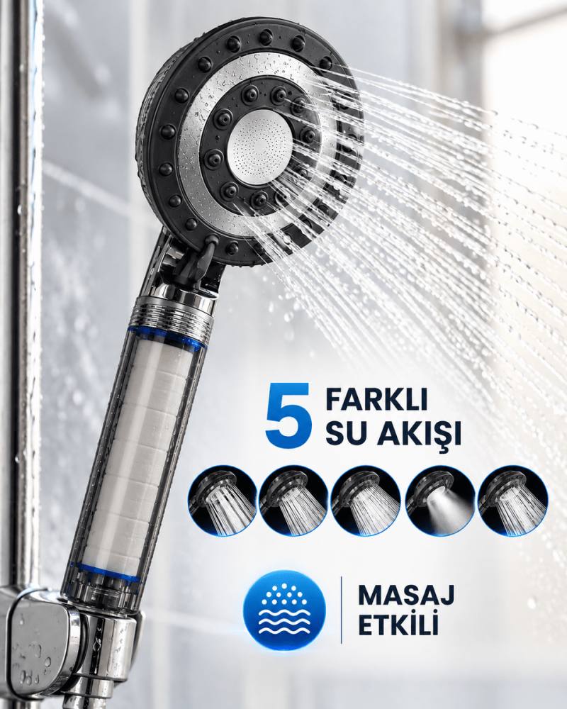 Siyah Filtreli Duş Başlığı 5 Farklı Su Akışı Masaj Etkili Klor ve Kireç Filtreleme