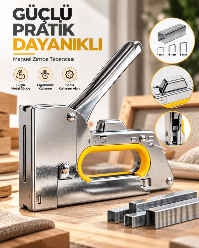 Güçlü Metal Gövdeli Manuel Zımba Tabancası No.13 4-6-8 mm Döşeme Kumaş Ahşap Sabitleme