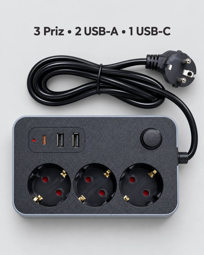 Ev ve Ofis Kullanımına Uygun USB ve Type C Şarj Çıkışlı Akım Korumalı Çoklu Priz