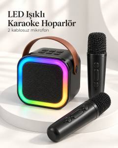 Bluetooth Bağlantılı LED Işıklı Karaoke Ses Sistemi ve İki Kablosuz Mikrofon