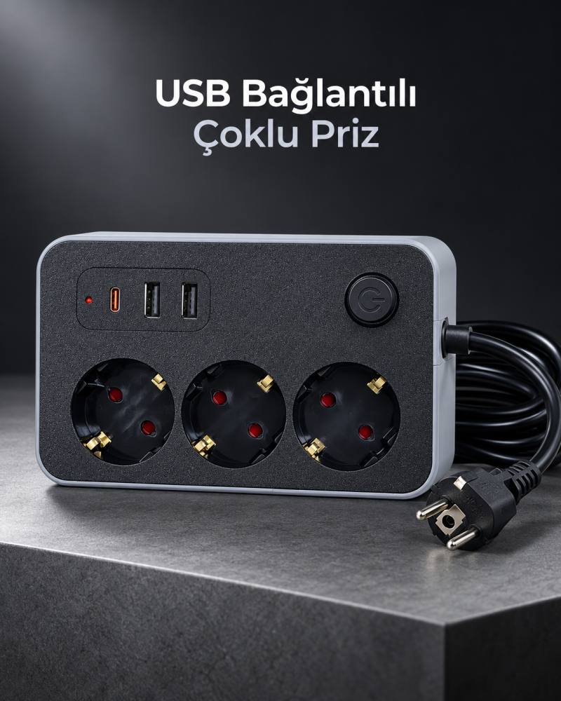 Çalışma Alanlarına Uygun Anahtarlı USB ve Type C Şarj Çıkışlı Kablolu Çoklu Priz