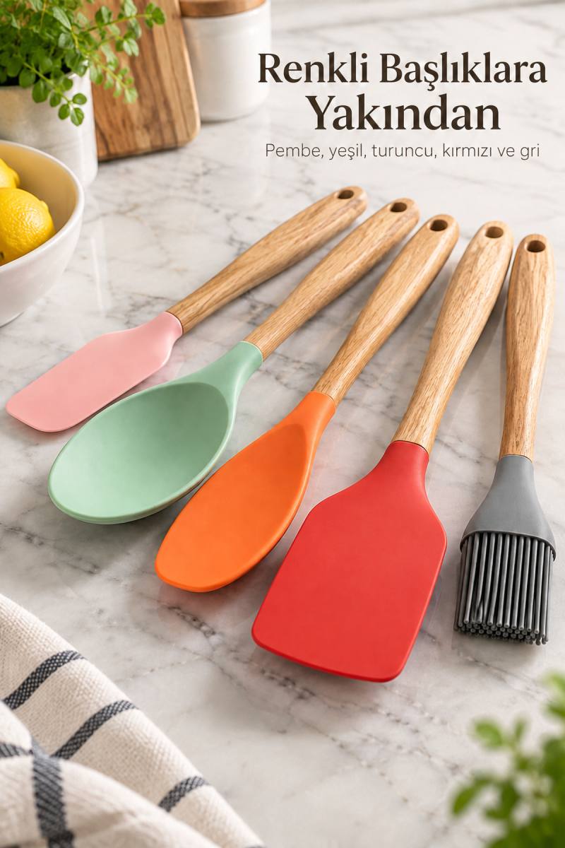Ahşap Görünümlü Saplı Spatula ve Mutfak Fırçası Seti