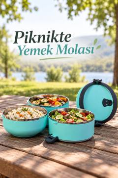 Üç Katlı Sefer Tası Sızdırmaz Kapaklı Çelik İç Hazneli Yemek Taşıma Kabı