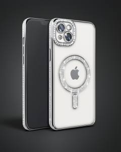 Apple İphone 15 Kılıf Joke Simli Magneticsafe Kılıf - Gümüş