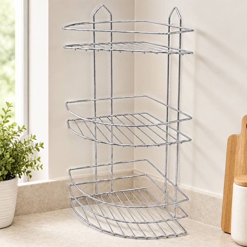 Üç Katlı Üçgen Metal Banyo Köşeliği Krom